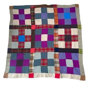 Vintage Handmade Reversible Patchwork Quilt Wool & Cotton 1930s–1970s Folk Art